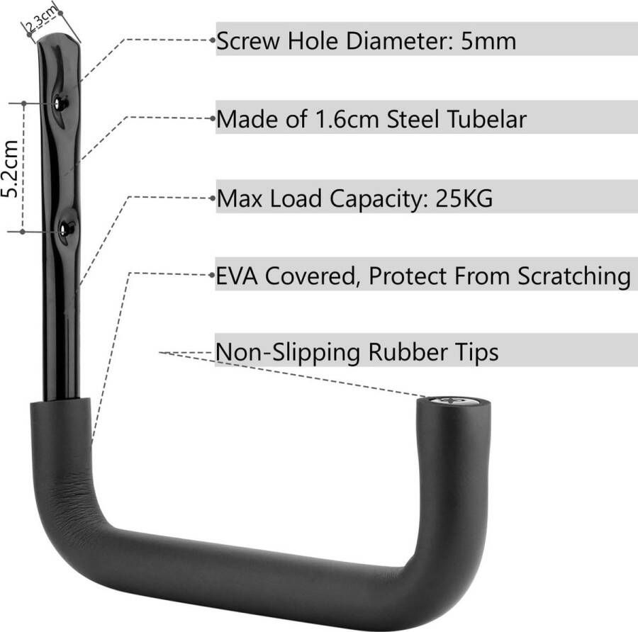 Zwaar belastbare opberghaken 25 cm garagehaken voor wandmontage organizer voor ladders stoelen tuingereedschap fietsen binnen en buiten 6 stuks (23 cm x 25 cm)