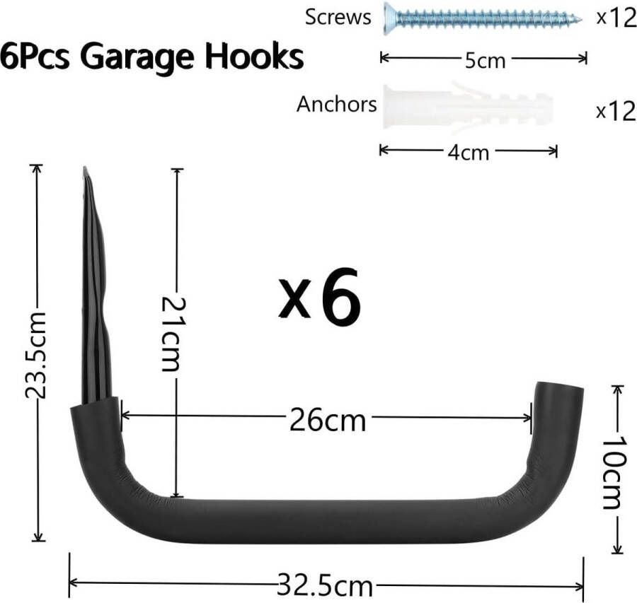 Zwaar belastbare opberghaken 28 cm garagehaken voor wandmontage organizer voor ladders stoelen kajaks slangen grote voorwerpen binnen en buiten 6 stuks (23 5 cm x 32 5 cm)