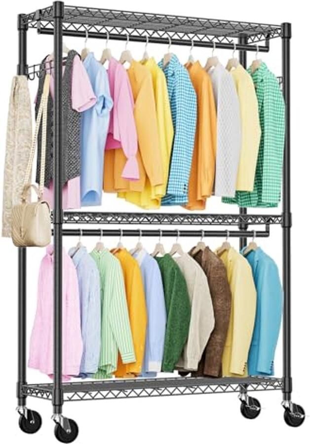 Zwaar Gewichten 3-Laags Rolling Kledingrek met Dubbele Staven en Zijhaken Vrijstaand Metalen Garderobe in Zwart