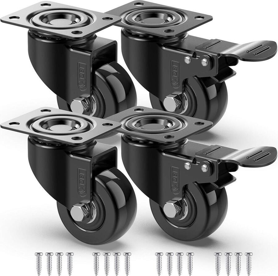 Zwaarlast Zwenkwielen met Remmen 50 mm tot 200 KG 4 stuks Geen Vloersporen Rubberen Trolley Wielen Zwart