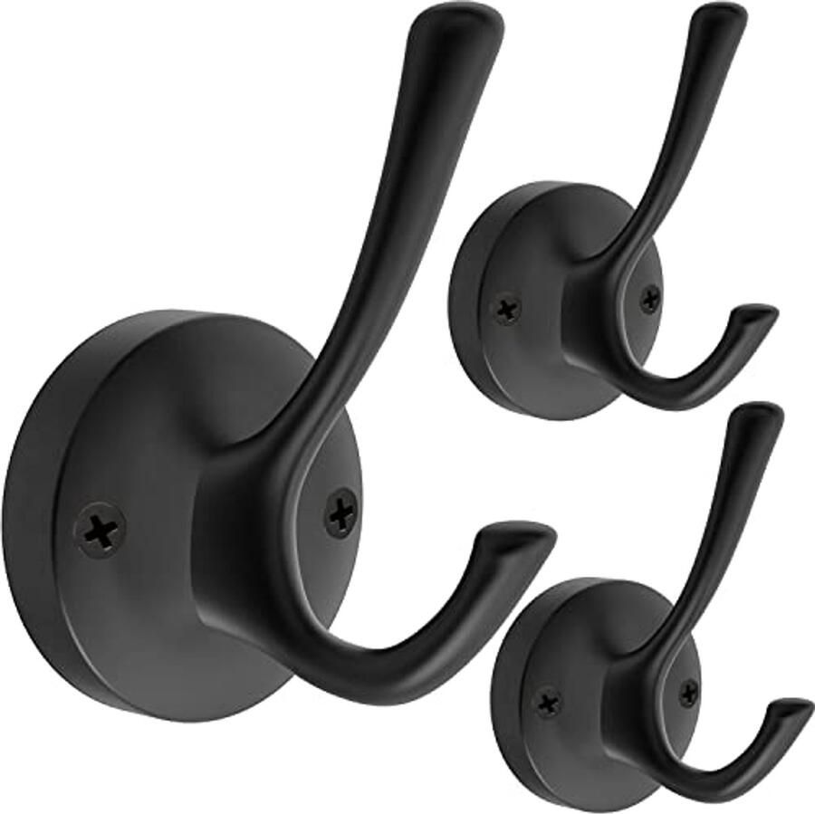 Zware Dubbele Handdoekhaken voor Badkamer 3-Pack Zwarte Kapstok Haken van Zinklegering
