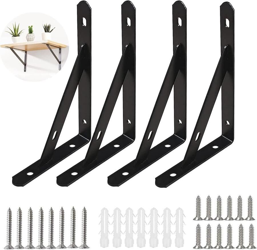 Zware metalen plankhoeken voor wandrekken 4 stuks zwart 200mm