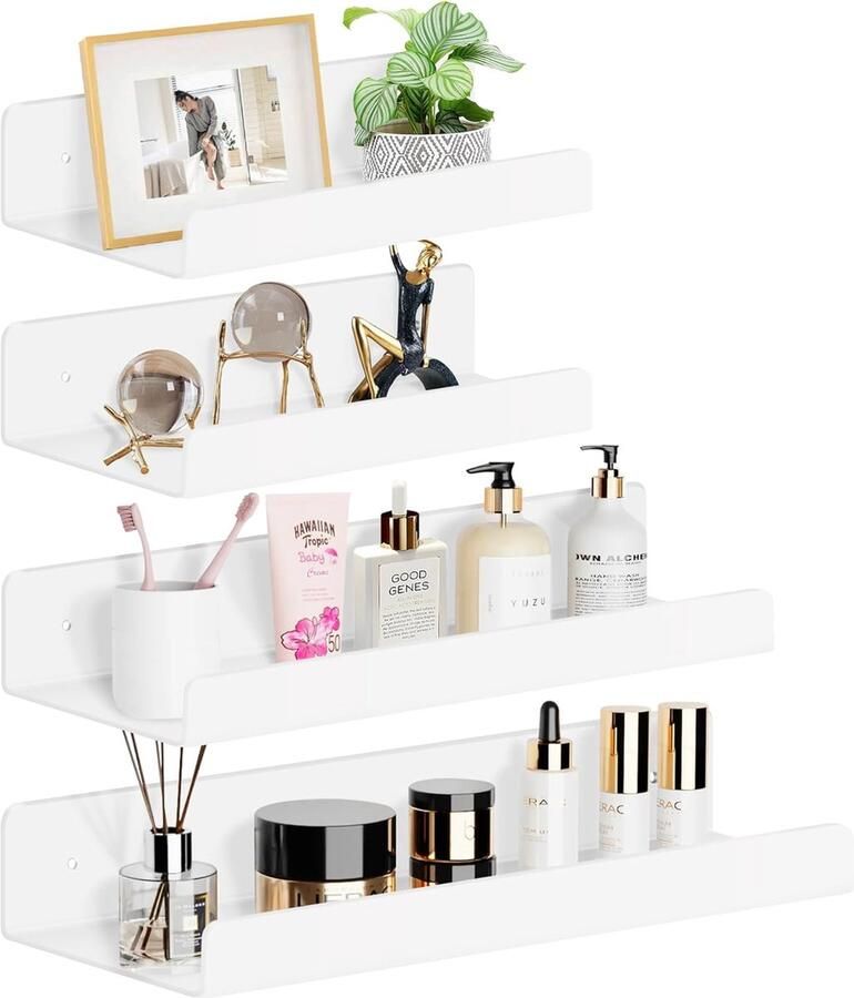 Set van 4 wandplanken zwevend wit 3 maten wandrek zonder boren muur acryl plank om te plakken voor badkamer plank zonder boren voor keuken badkamer kantoor en woonkamer
