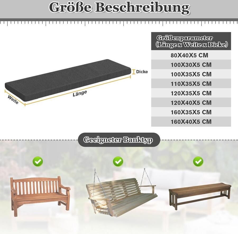 Zwart Bankkussen 100x40cm Afneembaar Slijtvast Zitkussen voor Tuinbank en Eetbank - Foto 2