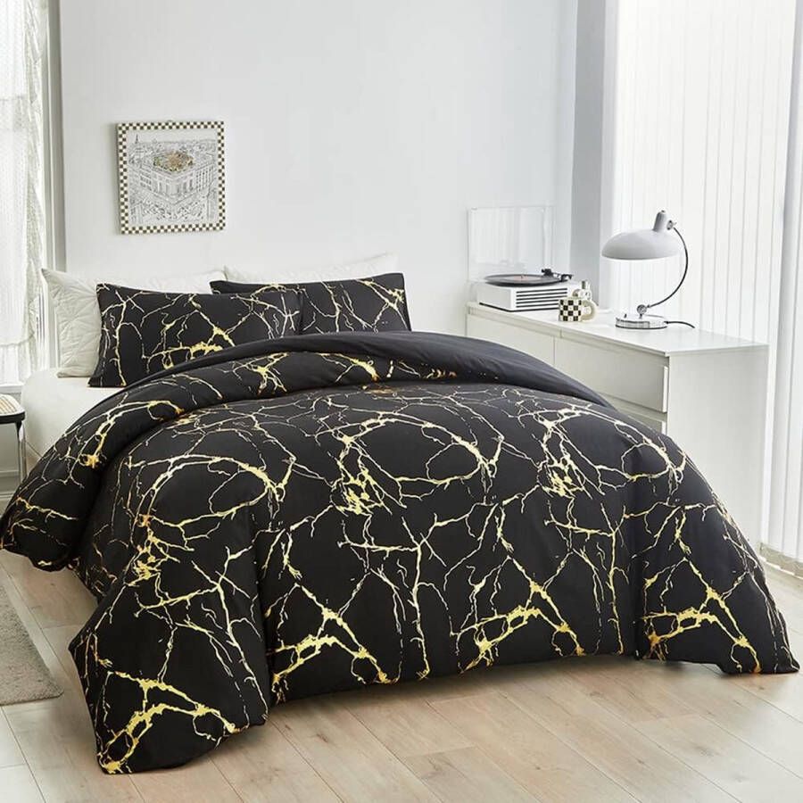 Zwart beddengoed 135 x 200 cm set van 2 1 x dekbedovertrek van 135 x 200 cm en 1 x kussensloop 80 x 80 cm microvezel goud marmer glitterpatroon voor heren eenpersoonsbed met
