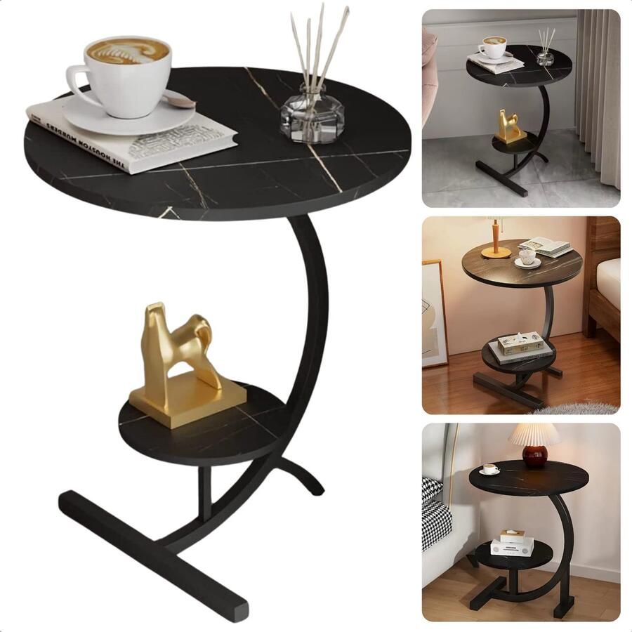 Cheqo Zwart Bijzettafel met Marmer Salontafel Dubbel Tafelblad Metalen Frame 63 cm Hoog MDF Inclusief EBOOK