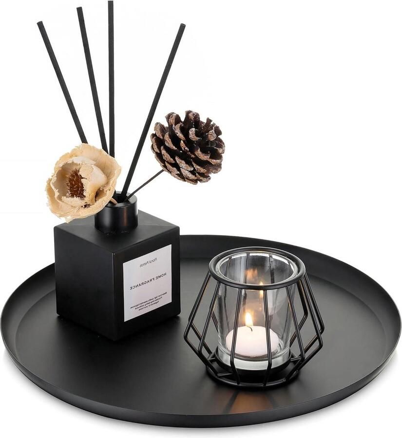 Zwart decoratief metalen dienblad 28 cm rond decoratieve schaal voor tafeldecoratie en kaarsenplateau woonkamer badkamer eettafel decoratie