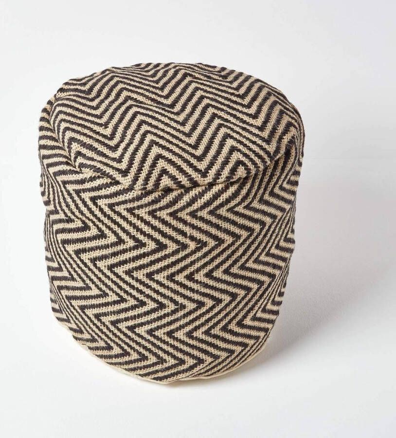 Zwart en natuurlijk beige ronde zitzak met visgraatmotief en vulling 45 cm rond x 40 cm hoog