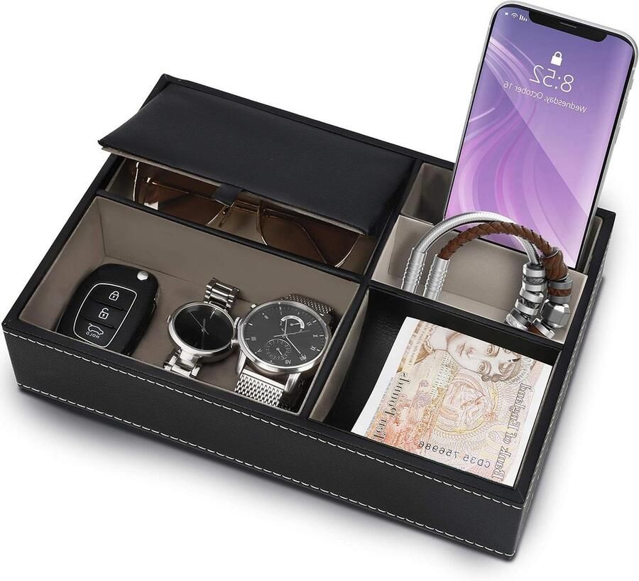 Zwart Faux Leren 5 Compartimenten Valet Nachtkastje Organizer Tray – Bureau Opslag Doos Voor Beurs Telefoon Sleutels Sieraden Accessoires Geld Armbanden – Allesvanger Naast het Bed