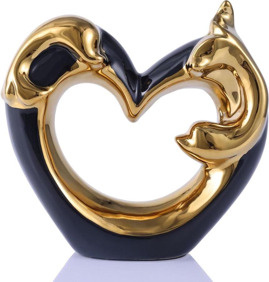 Zwart Goud Hart Dolfijn Sculptuur Keramisch Tafel Decor Elegante Afwerking 1 stuk Zwart Goud Keramiek