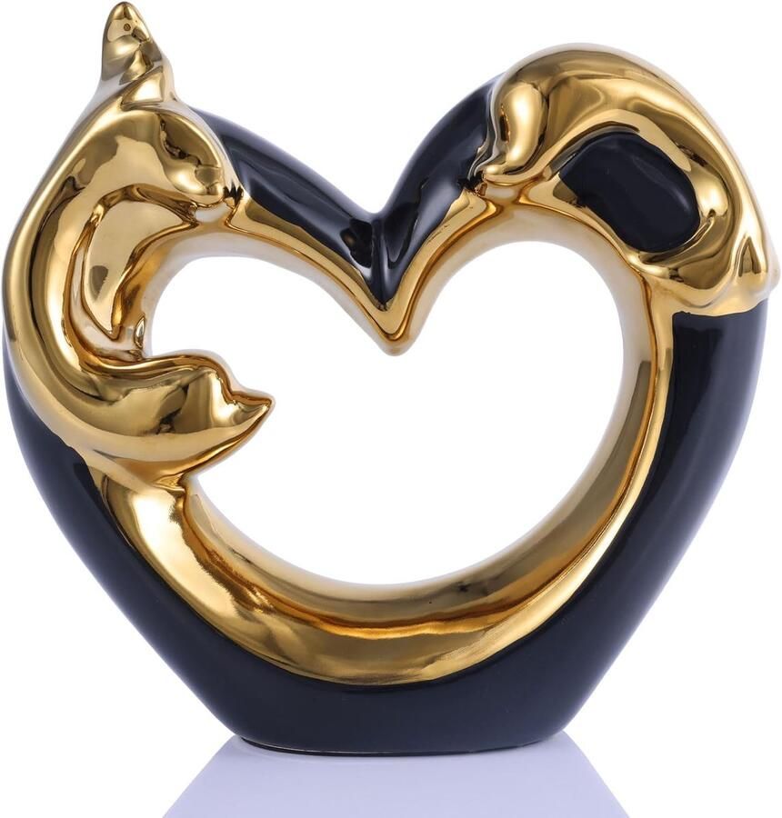 Zwart Gouden Hart Dolfijn Sculptuur Elegante Tafeldecoratie Handgemaakt Keramisch