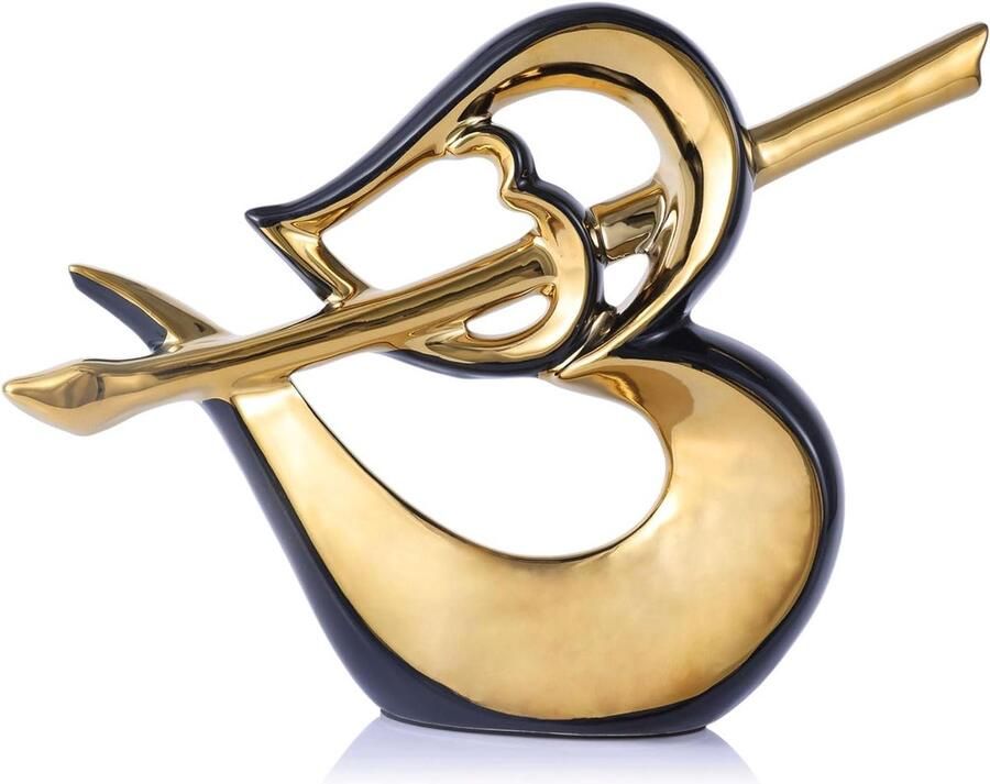 Zwart Gouden Keramische Hartsculptuur Abstract Tafelmiddelpunt Uniek Cadeau-idee