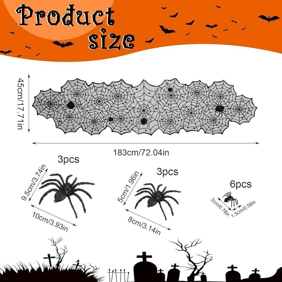 Zwart Halloween tafeldecoratie tafelkleed spinnenweb met kant 183 x 45 cm