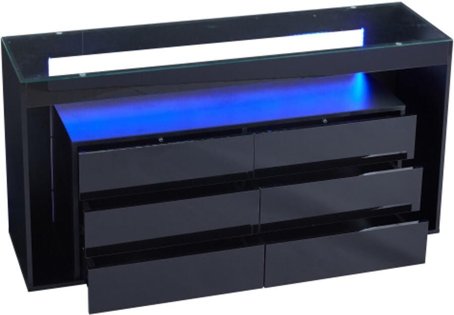 Dressoir met 6 grote lades LED hoogglans dressoir met gehard glazen blad dubbellaags design met veel opbergruimte geschikt voor woonkamer hal slaapkamer kantoor zwart