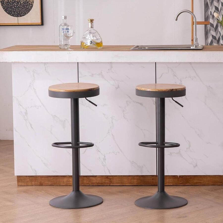 Zwart houten barkrukken set van 2 in hoogte verstelbaar en draaibaar keukenstoelen met voetensteun voor bar keuken Barkruk