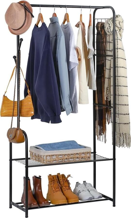 Zwart kledingrek kapstok kledingroede vrijstaand kledingrek kledingkast met schoenenbank metalen kledingroede voor hal slaapkamer entree woonkamer