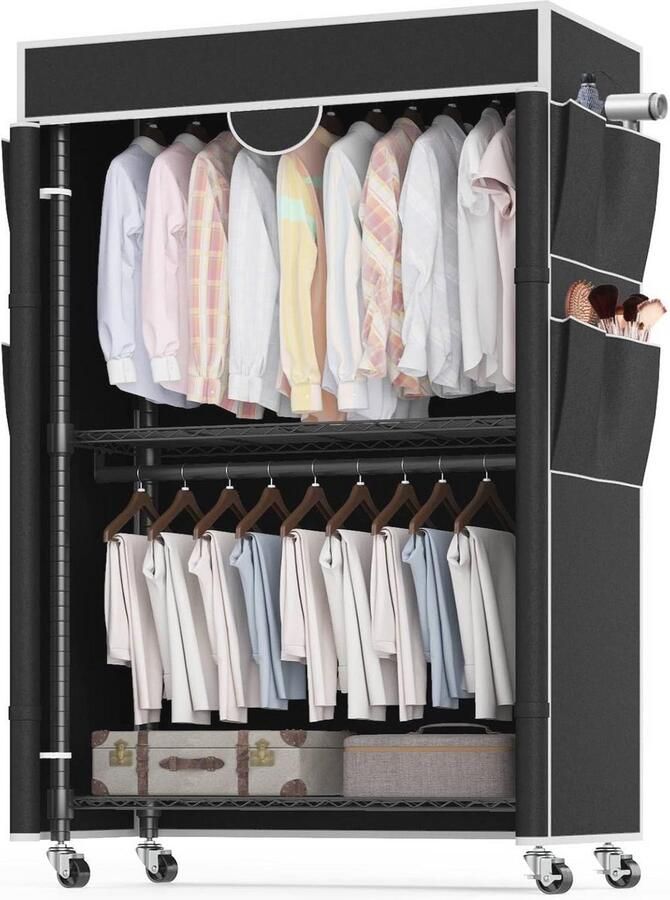 Zwart Kledingrek met Wielen en Afdekking Verstelbaar Stabiel en Ruimtelijk