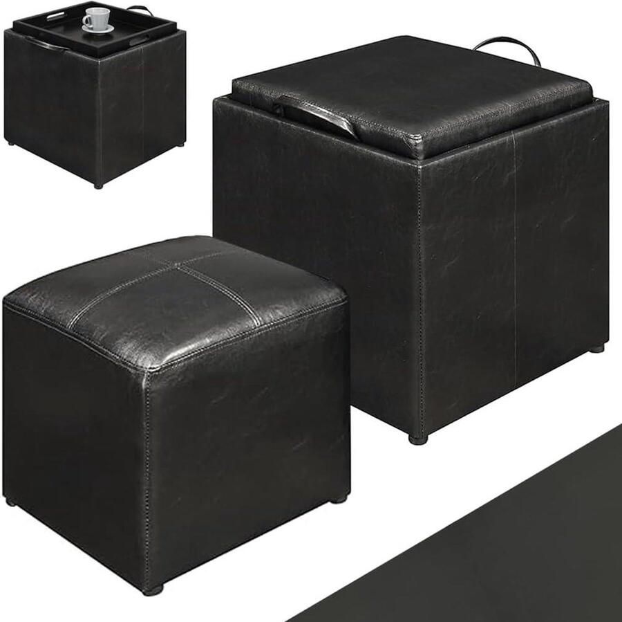 Zwart kunstleren zitkrukken set 2-in-1 dienblad kruk multifunctioneel vak comfortabele bekleding houten frame