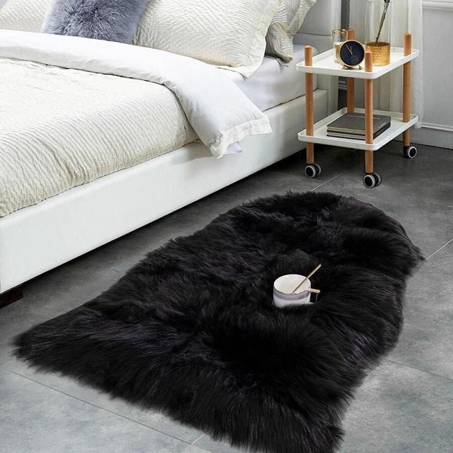 Zwart langharig pluizig Faux lamsvacht tapijt 60 x 90 cm woonkamerdecoratie zacht kinderkamer slaapkamer