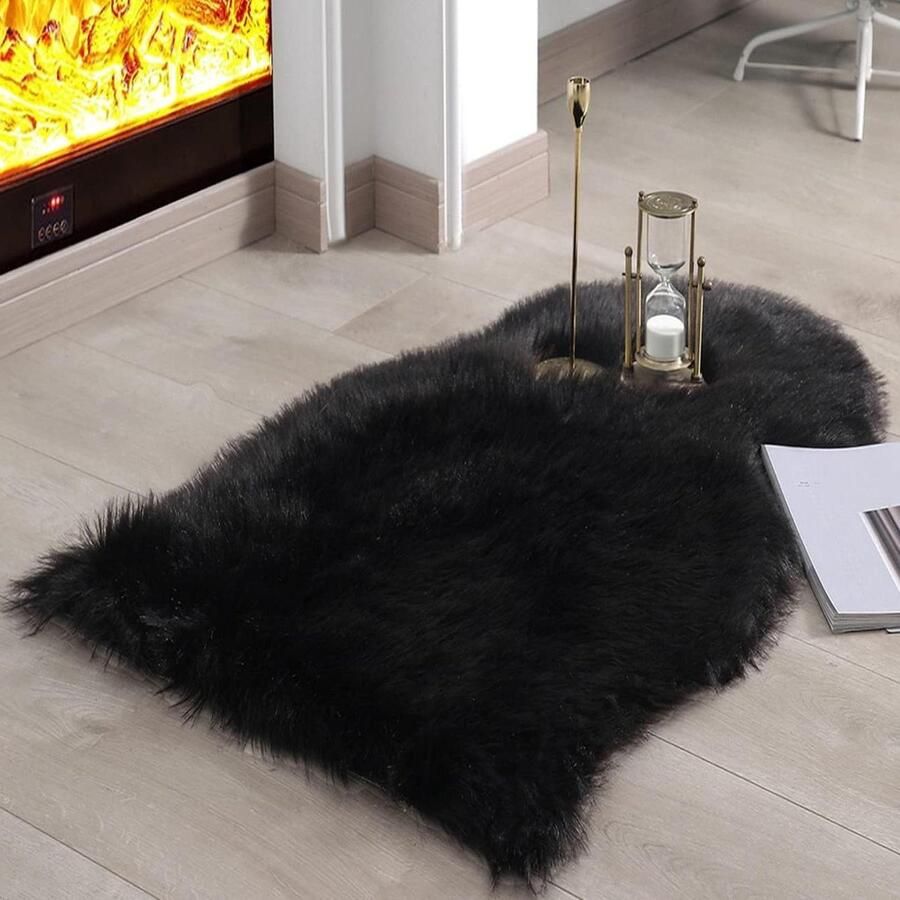Zwart langharig wollig tapijt 75 x 120 cm woonkamer decoratie zachte vacht stoelen bank slaapkamer