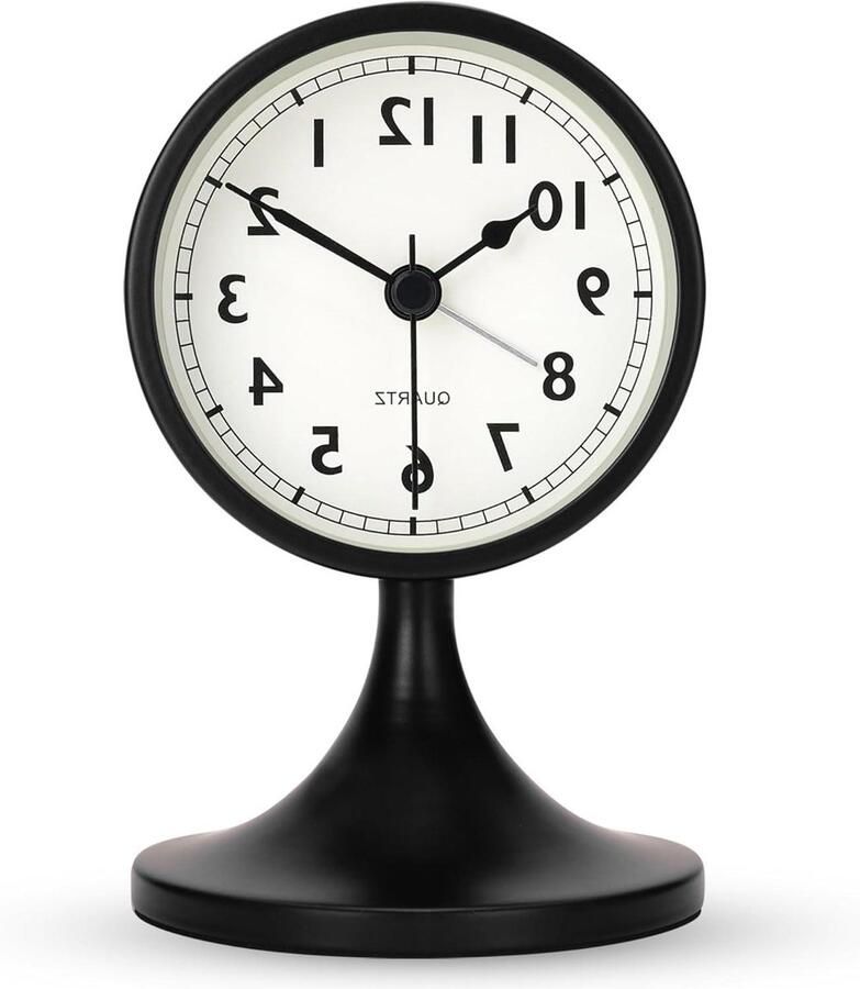 Zwart Metalen Analoge Wekker met Verwijderbare Stand Retro Silent Bureau en Plank Quartz Klok voor Nachtkastje Slaapkamer Kantoor