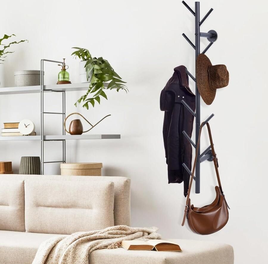 Zwart metalen boomtak wandgemonteerde kapstok 100 cm 11 haken ruimtebesparend eenvoudige installatie woonkamer slaapkamer