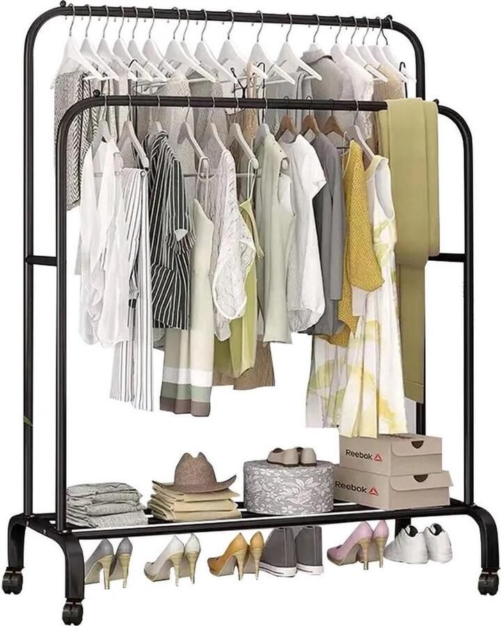 Zwart metalen kledingrek met wieltjes en schoenenrek Staand garderoberek met 2 stangen (110 x 54 x 150 CM)