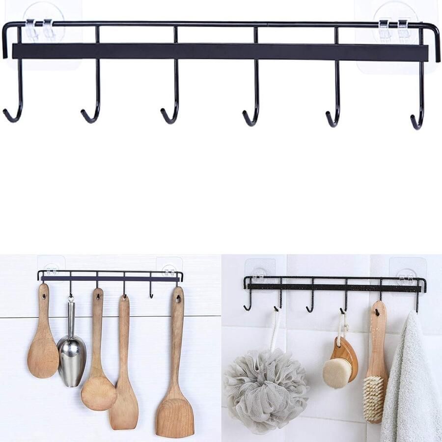 Wandrek ophangrek bekerrek mokkenrek kopjesrek bekerhaak kledingrek keukengerei keuken organiser handdoekrek niet boren – Ophangsysteem – Opbergsysteem – IJzeren haken – Ophanghaken Keuken badkamer accessoires – zwart