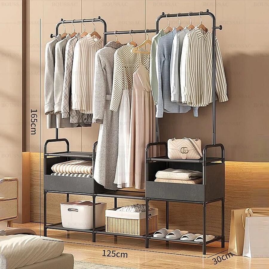 Zwart Multifunctioneel Open Kledingkast 4 Opbergvakken 125x30x165 Metaal Stevig Kledingrek Organisator- Inloopkast- Slaapkamerkast Home Furniture 3 Niveaus Staande Opbergkast Elegant & Modern Design Kapstok Ruime Opslag Open Planken Opbergbehoeften