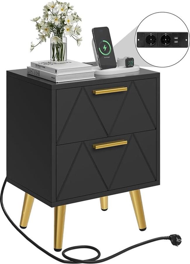 Zwart nachtkastje met 2 laden USB-poorten & stopcontacten Gouden metalen poten 40x30x52 cm