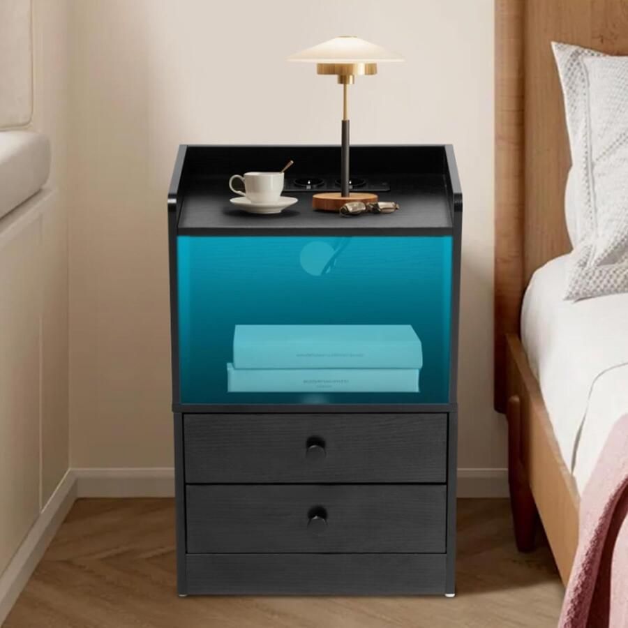 Zwart nachtkastje met LED-verlichting oplaadfunctie en lade – compact ontwerp 38×26 5×56 cm