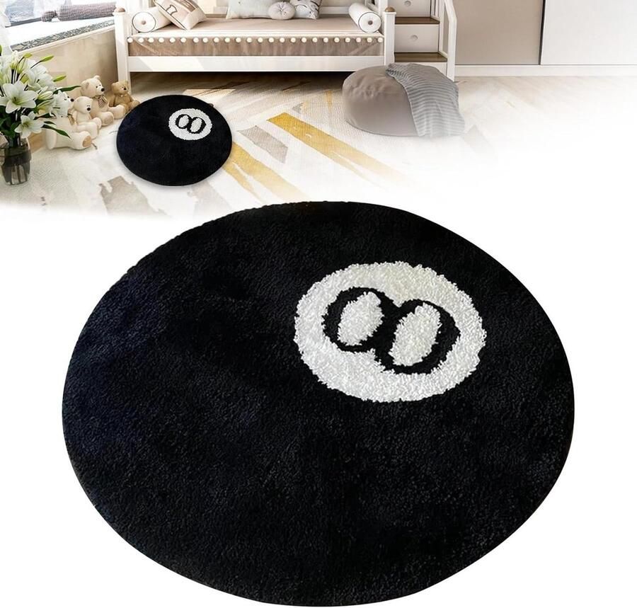 Zwart rond antislip decoratief vloerkleed 8 ballen patroon wasbaar zacht woonkamer decoratie eetkamer slaapkamer 80 x 80 cm vloerkleed