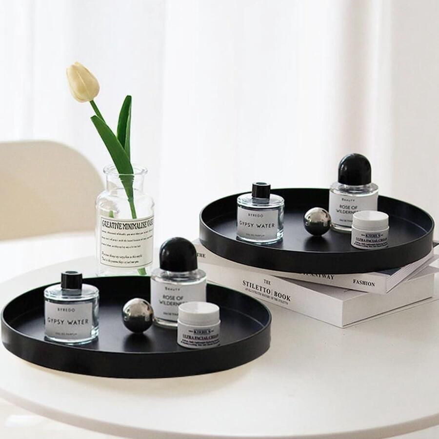 Zwart rond decoratief dienblad Adventskrans kaarsenplateau Metallisch kaarsenbord Eettafel decoratie Kerstcadeau Cosmetica dessert parfum