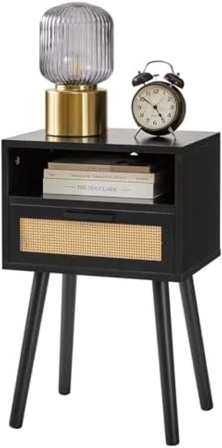 Zwart Rotan Nachtkastje met Lade en Open Plank Boho Stijl Bijzettafel voor Slaapkamer en Woonkamer Multifunctioneel Meubel voor Kleine Ruimtes