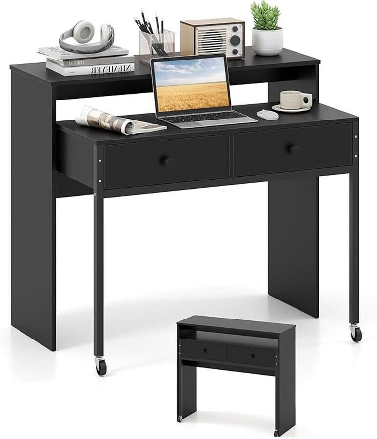 Zwart Uitschuifbaar Bureau met 2 Laden en Wieltjes Compacte Computertafel met Metalen Frame 100 x 63 x 88 cm