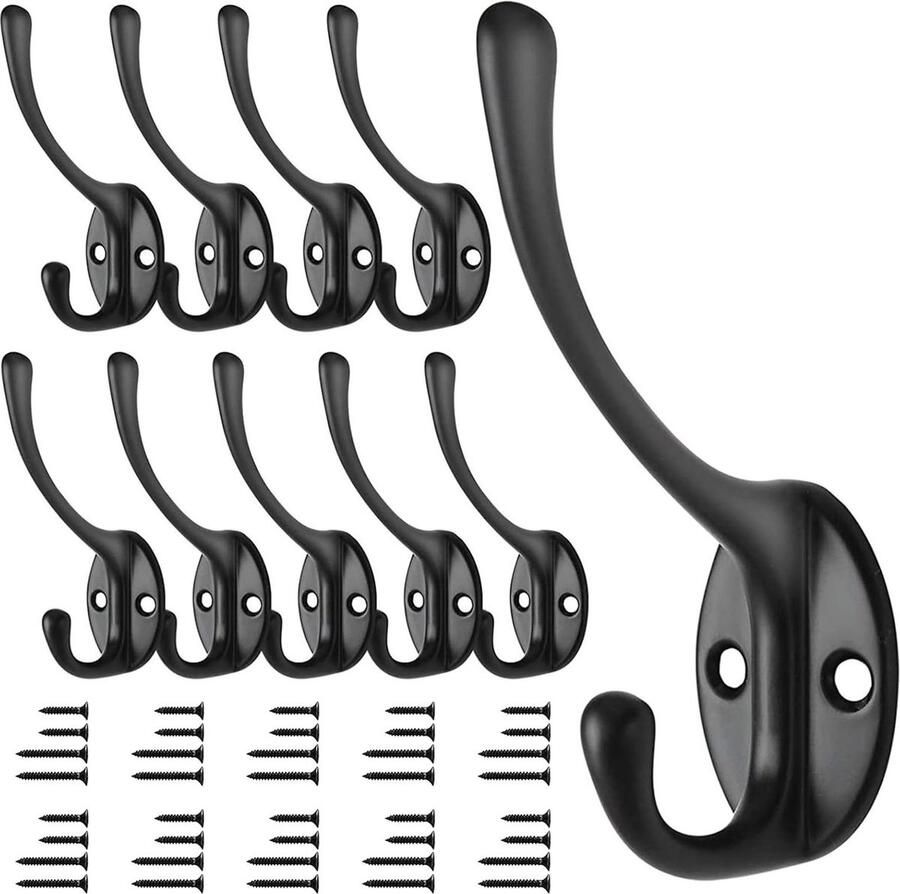 Zwart vintage antieke hoed wandmontage kapstok dubbele haak met 40 schroeven badkamer slaapkamer montage kamer 10 stuks matte afwerking