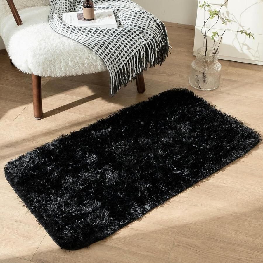 Zwart vloerkleed shaggy voor woonkamer en slaapkamer Antislip en pluizig 1 stuk Imitatiebont