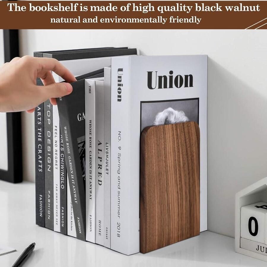Zwart walnoothouten boekensteunen 13 x 8 cm Eenvoudige stijl Set van 2 Voor planken Organizer voor thuis kantoor bibliotheek Decoratief en als boekenstandaard