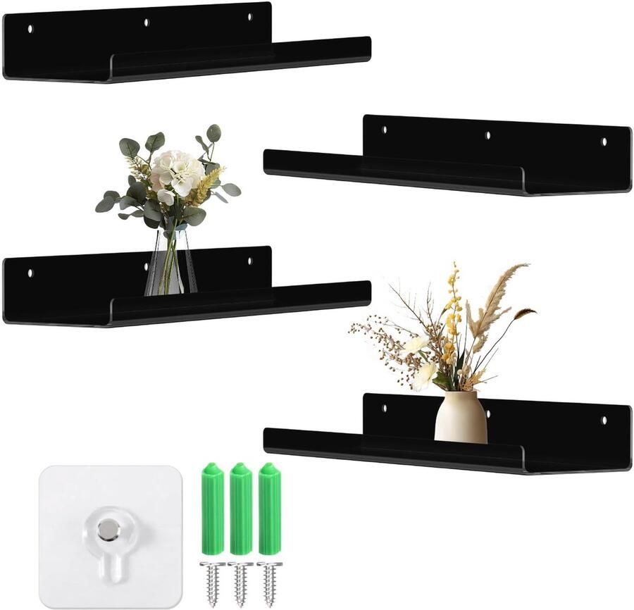 Zwart Wandrek Modern Zwevend Rek Set van 4