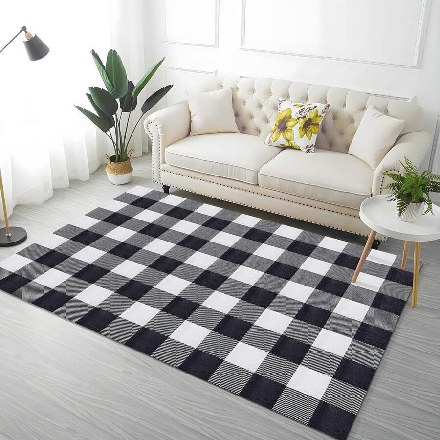 Luvetrex Zwart-Wit Geruite Vloerkleed met Antislip en Wasbare Eigenschappen voor Woon- en Slaapkamer