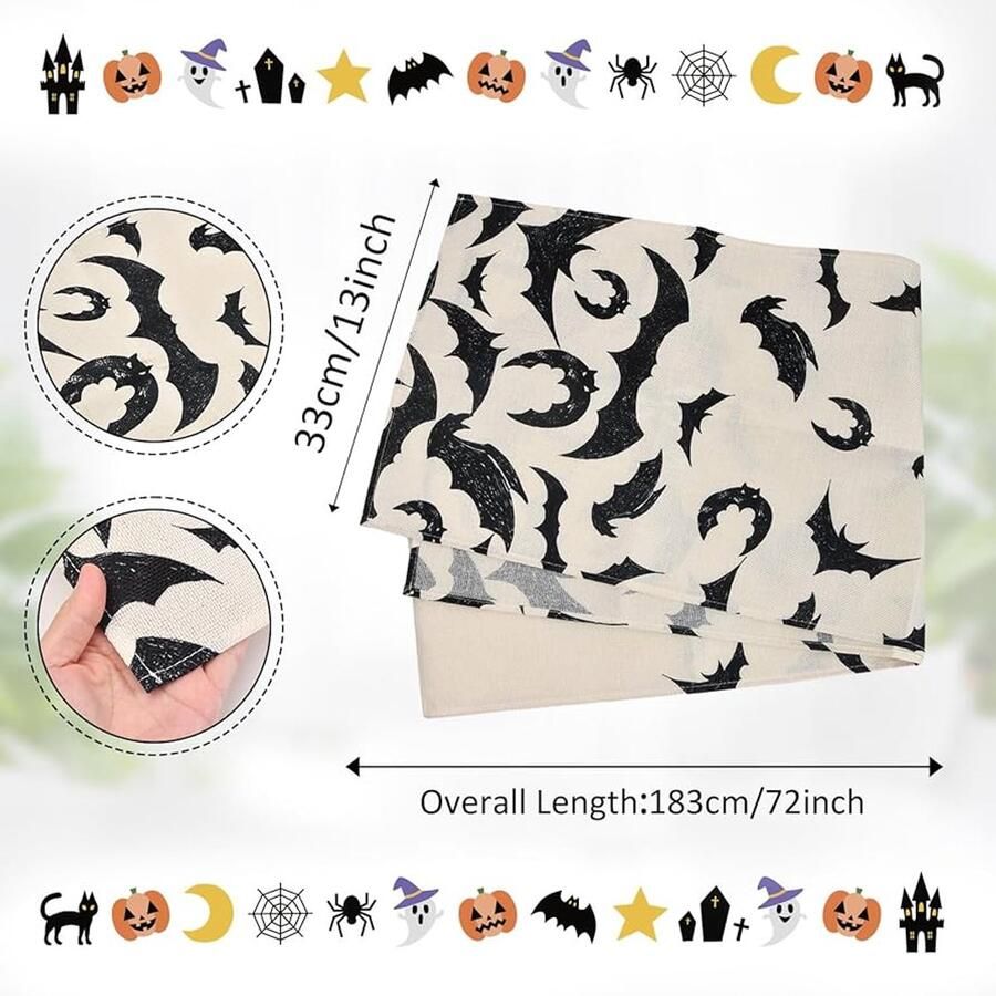 Zwart-wit vleermuis Halloween tafelloper modern tafelkleed 1 stuk linnen 33 x 183 cm