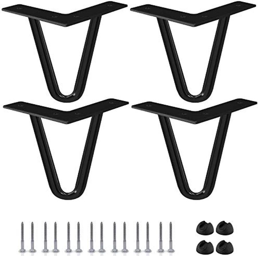 Zwarte 15cm Hairpin Legs 4 Stuks Sterke metalen meubelpoot met rubberen vloerbeschermers en schroeven voor DIY Projecten
