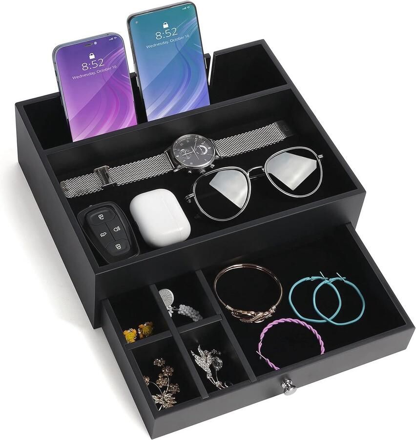 Zwarte 7 Compartimenten Nachtkastje en Organiser Tray voor Telefoon Sleutels en Sieraden Bureau Opslag Doos met Lade