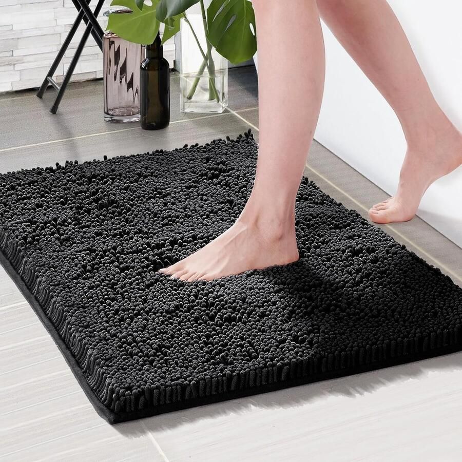 Zwarte Antislip Badmat 40 x 60 cm Ultra-zacht Waterabsorberend Chenille Vloerkleed voor Badkamer