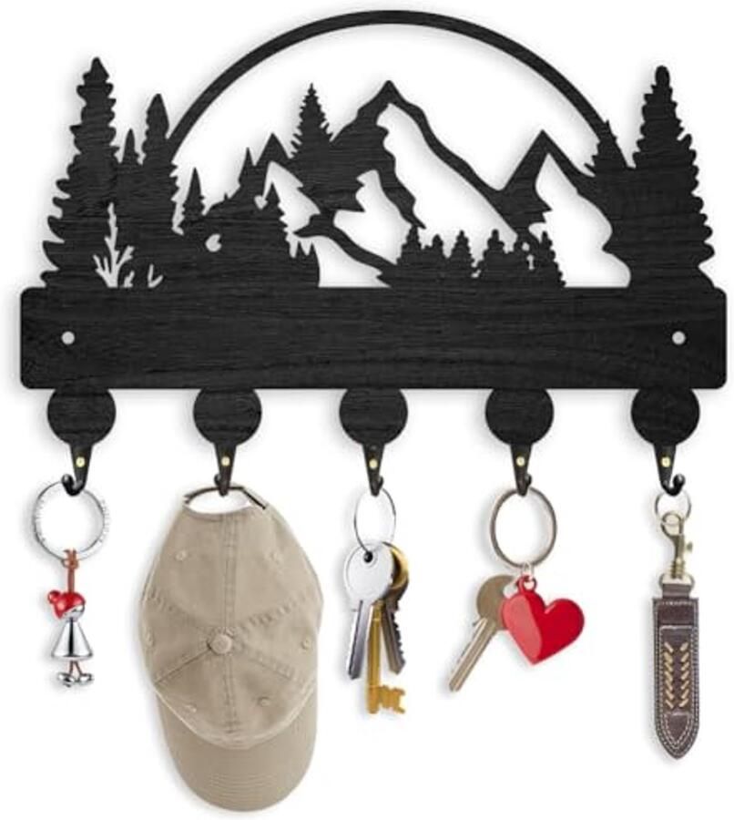 Zwarte Bergen en Bossen Houten Sleutelhouder voor Muur Sleutelrek met 5 Metalen Haken Wandmontage voor Voordeur Keuken en Hal