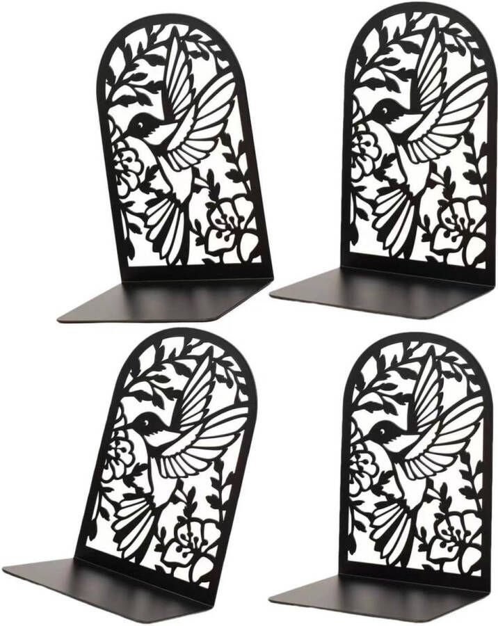 Zwarte Bird boekenstandaard DE (4 zwart) 4 stuks boekensteun boekensteunen metalen boekenhouder boekensteun zware boekensteun zwarte boekenkast met bloemendesign