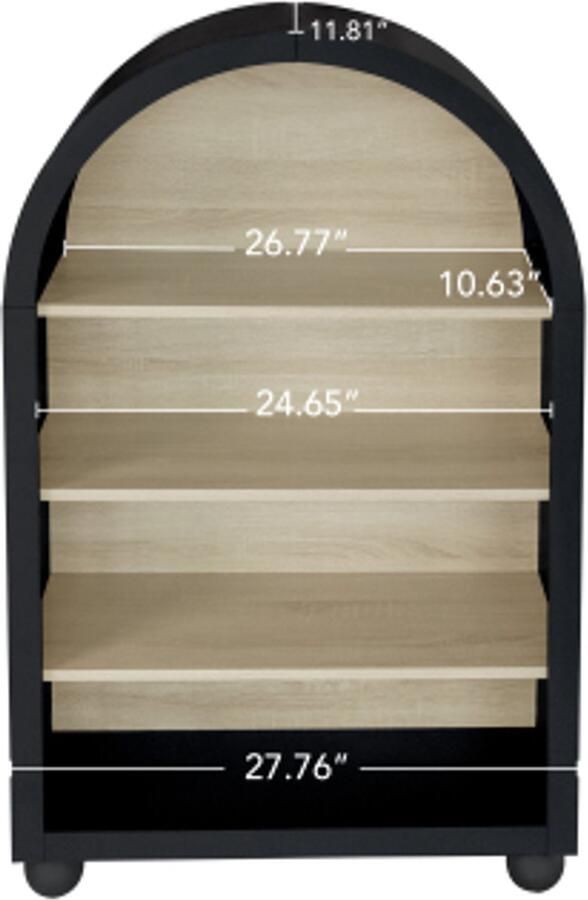 Zwarte boekenkast met een gebogen design 120 cm hoog vier niveaus met veel opbergruimte modern design geschikt voor woonkamer slaapkamer studeerkamer en kantoor. (70 5 x 30 x 116 cm)