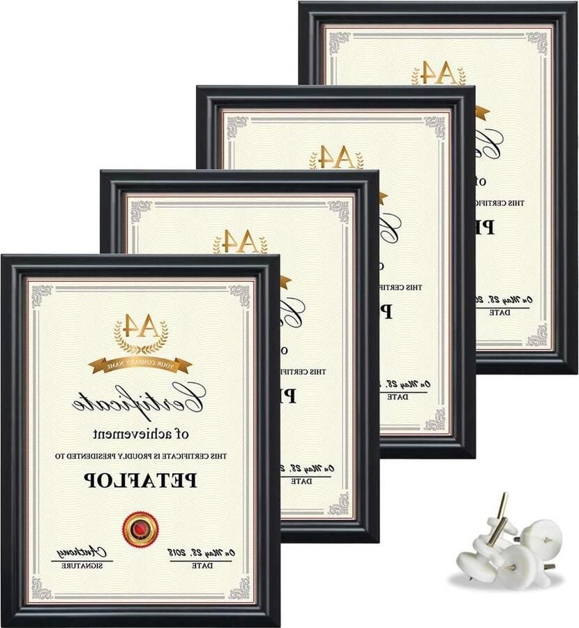 Zwarte Certificaat Frame A4 Formaat Set van 4 Frames voor Muur en Tafel Horizontaal Verticaal Display certificate holder