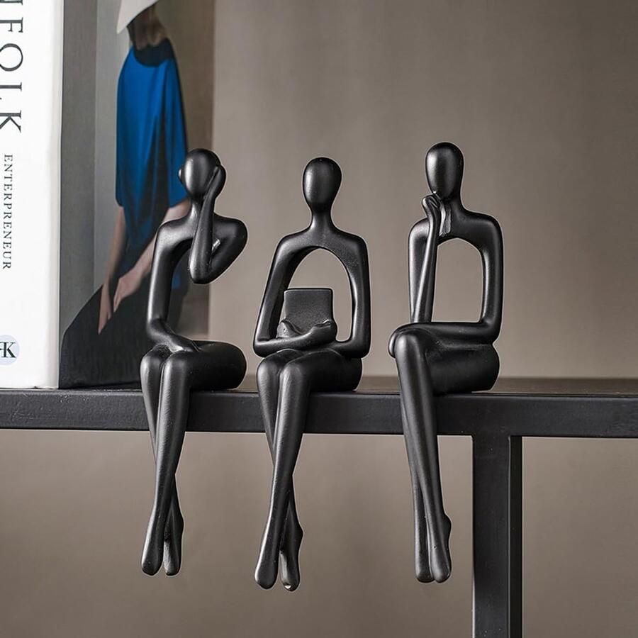 Zwarte Denker-beelden als decoratie voor de woonkamer 3 stuks decoratieve accenten op planken moderne esthetische abstracte kunstsculpturen voor salontafels tv-kasten bureaus boekenplanken en decoratie (zwart)