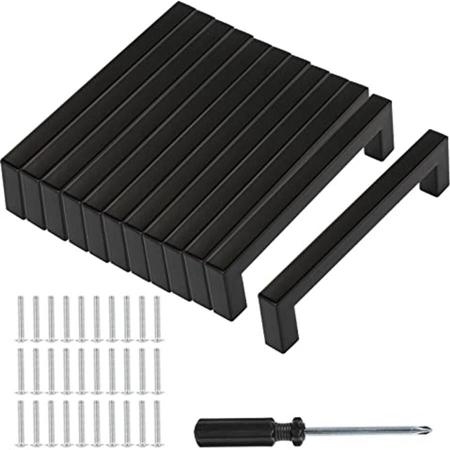 Zwarte deurgrepen 12 stuks met schroeven voor keuken en meubels